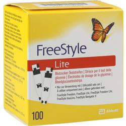 Gelbe Packung mit Blutzucker-Teststreifen von FreeStyle Lite und einem Schmetterlingsbild.