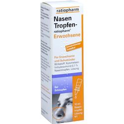 Weiße Verpackung von Nasentropfen für Erwachsene, geeignet bei Schnupfen.