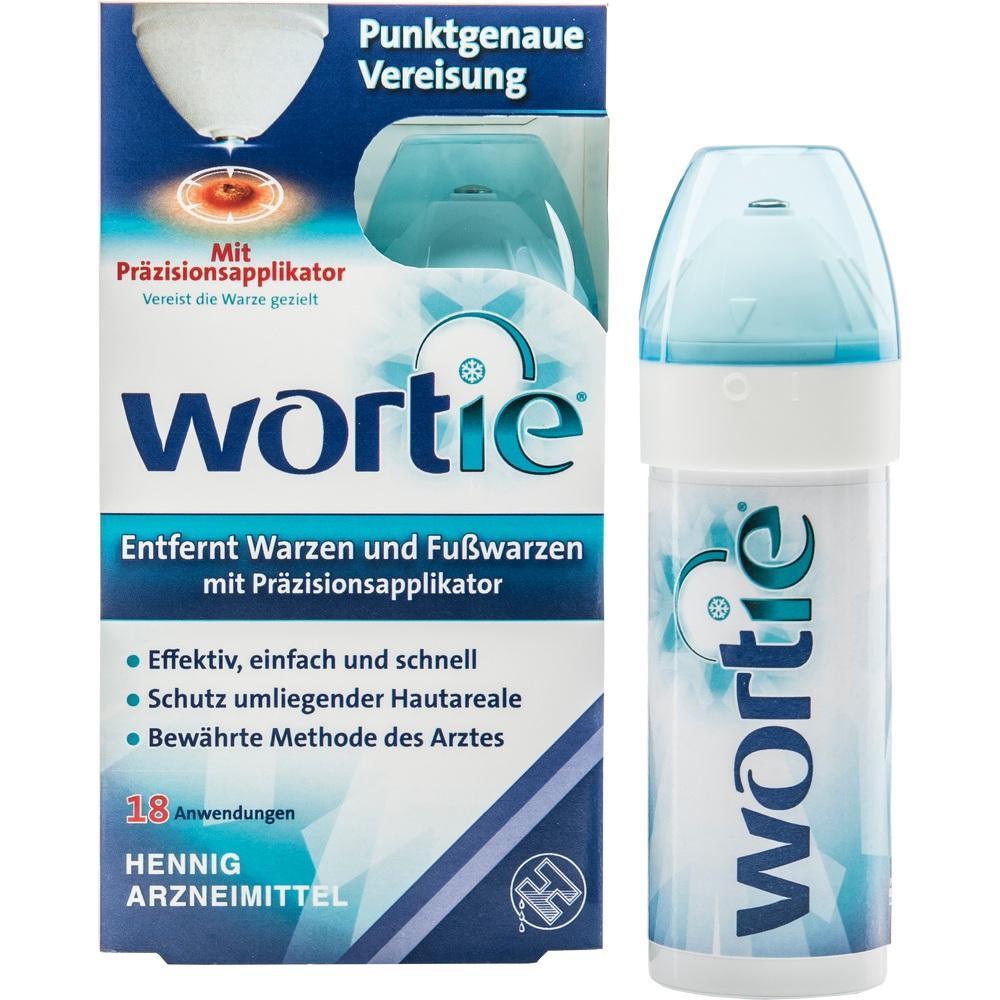 Eine Packung „Wortie“ zur punktgenauen Vereisung von Warzen mit Präzisionsapplikator.