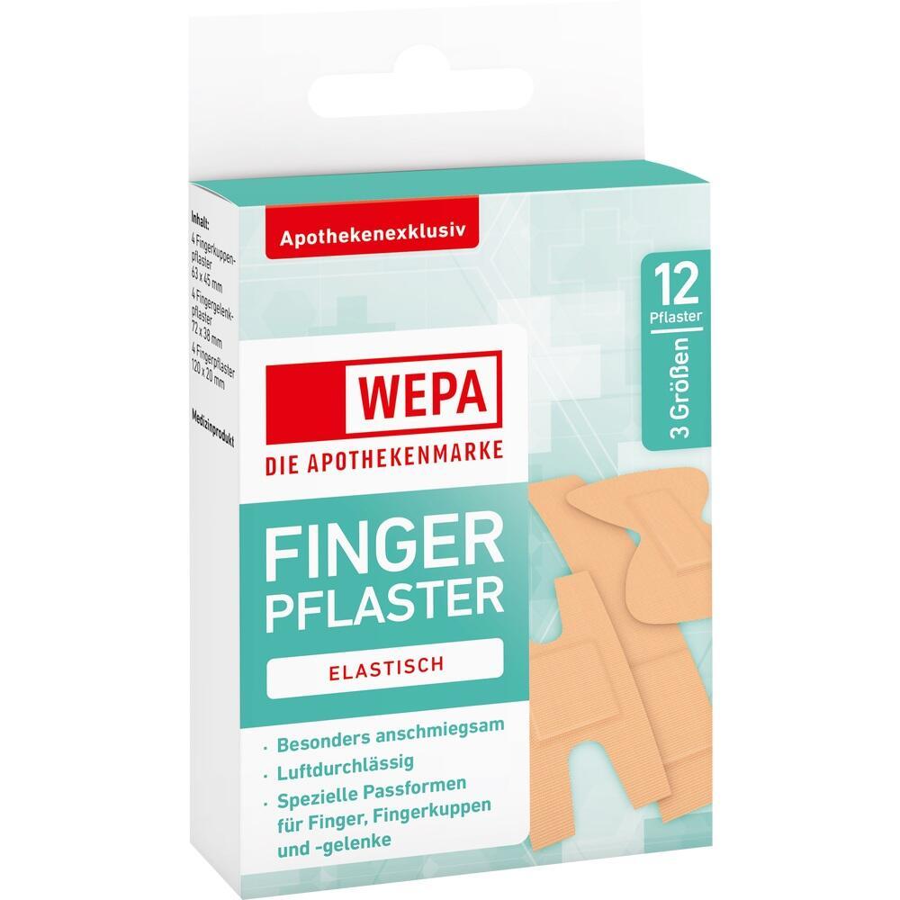 Eine Packung mit 12 elastischen Fingerpflastern in drei Größen.