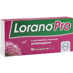 Schachtel mit Allergietabletten von Lorano Pro und 18 Filmtabletten.